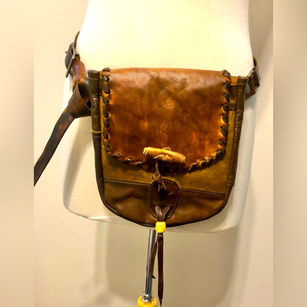 Handmade boho brown tri-color leather belt bag. Like new condition. 9”x8”